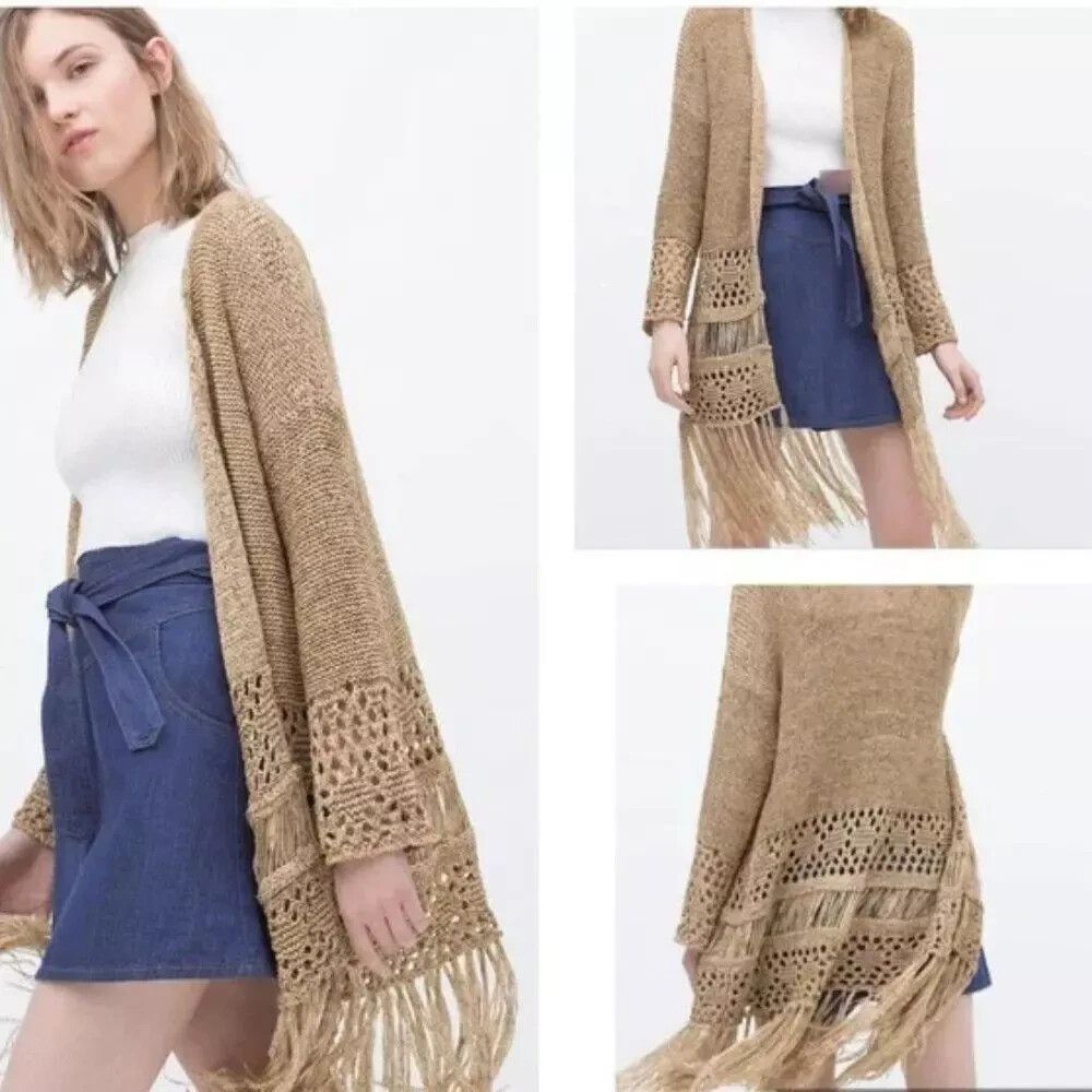 Zara Knit Cardigan Medium Tan Open Crochet Fringe Tassels Taupe raglan sleeve - Picture 3 of 16